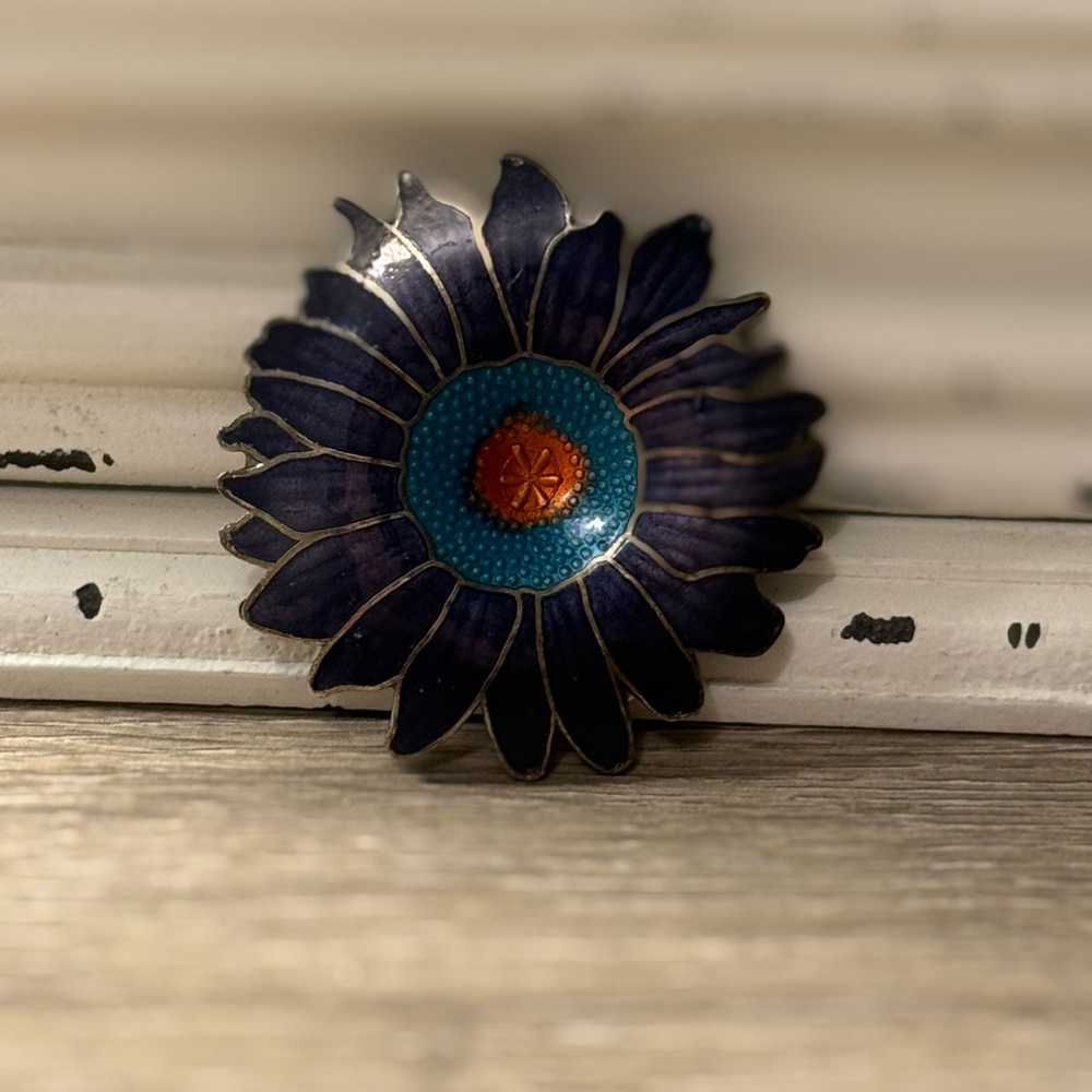 Vintage Enamel Flower Brooch - Blue and Teal